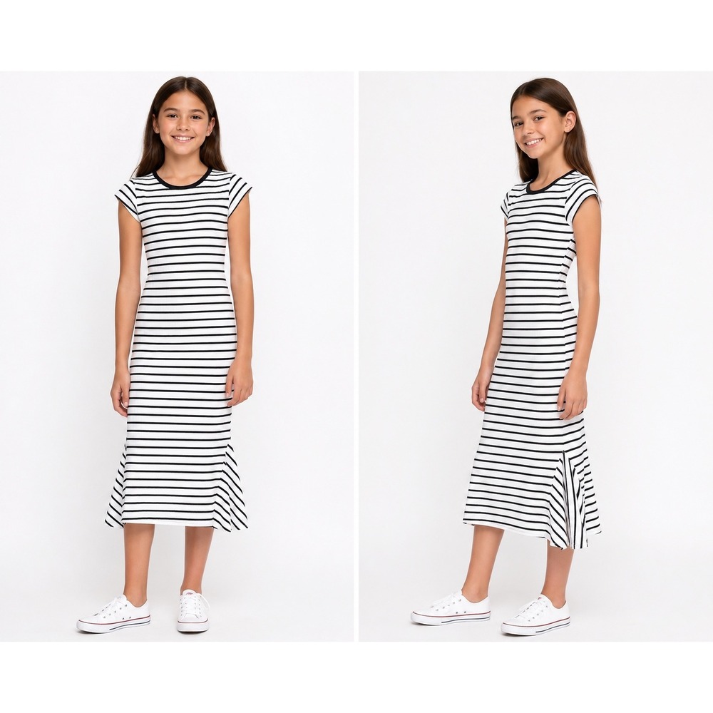 No Boundaries Girls Striped Rib Knit Dress Black White Size M 8-10 Cap Sleeve